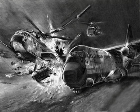 Die Operation 'Blaues Licht' endete mit einer Katastrophe. Bei völliger Dunkelheit prallten ein Sikorsky-Hubschrauber RH-53D und eine Lockheed C-130-Hercules-Transportmaschine aufeinander. STERN-Zeichner Günther Radtke hielt den Moment des Zusammenstoßes fest. (Iran) Stern Nr. 19 30. April 1980